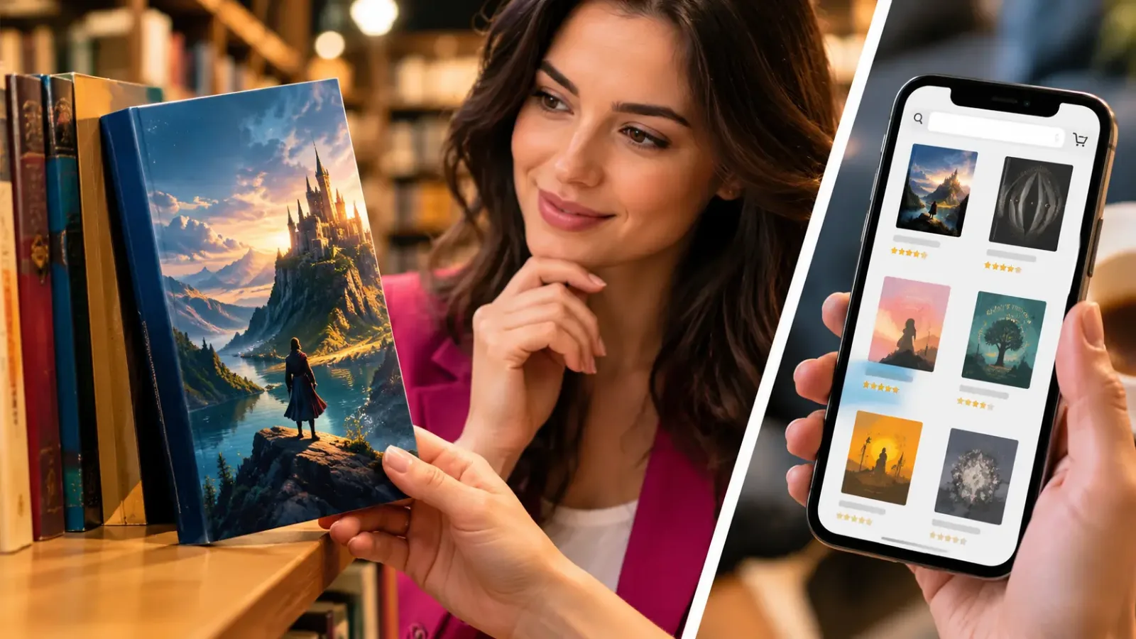 Capa de livro profissional em destaque em uma livraria, enquanto uma leitora analisa a obra e compara capas de livros em um smartphone, ilustrando a importância do design da capa para atrair leitores